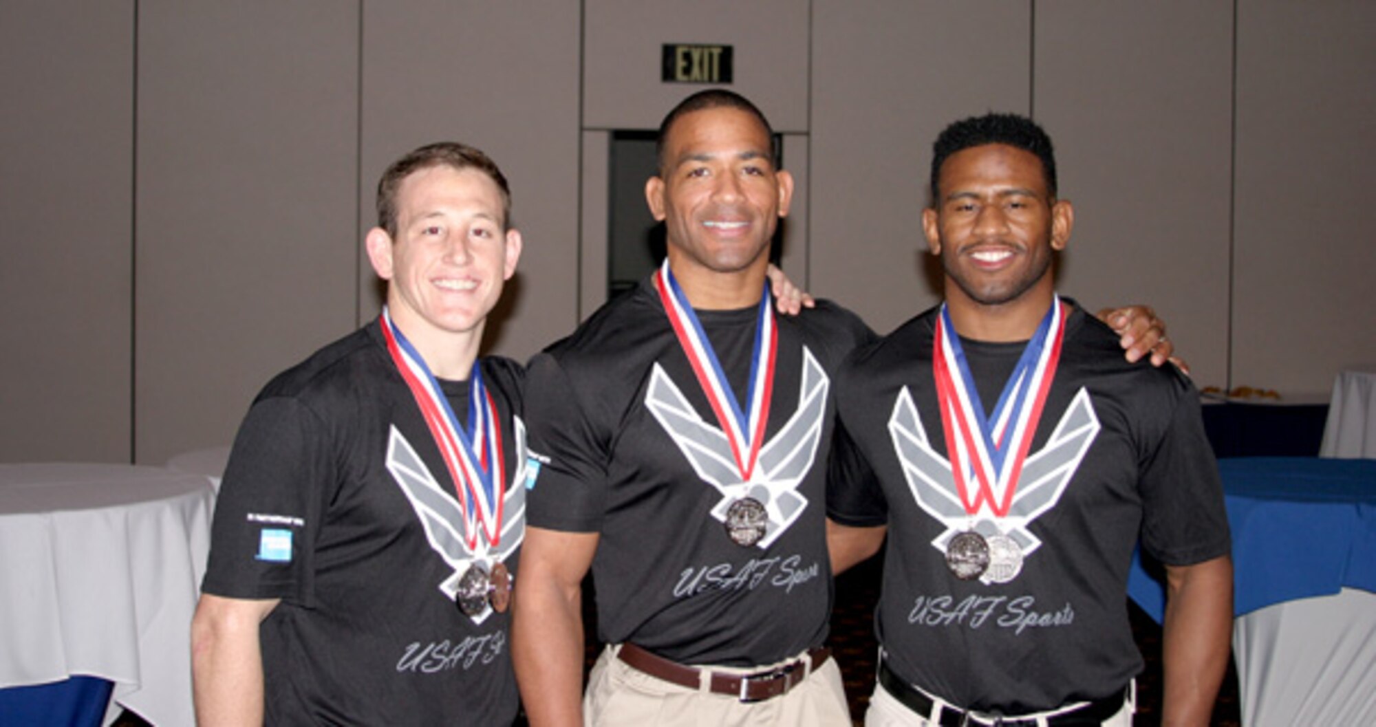 Master Sgt. Sherwin Severin (center), along with 1st. Lt. Brandon Mueller (left) and Senior Airman Brandon Johnson, finished second in their respective weight divisions at the U.S. Armed Forces Greco-Roman Wrestling Championships at Joint Base McGuire-Dix-Lakehurst, New Jersey.