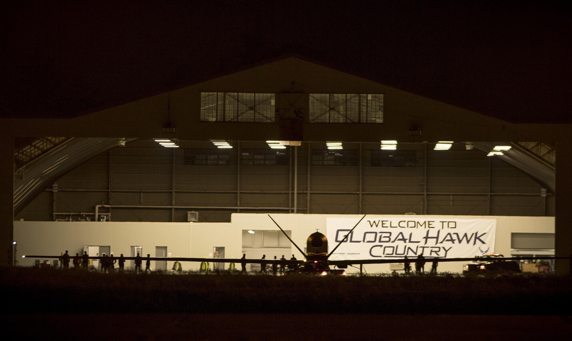 An RQ-4 Global Hawk pulls into a hanger May 1, 2017 at Yokota Air Base, Japan. The Global Hawk was used for humanitarian assistance and disaster relief efforts during Operation Tomodachi after the 2011 earthquake. (U.S. Air Force photo by Airman 1st Class Donald Hudson)