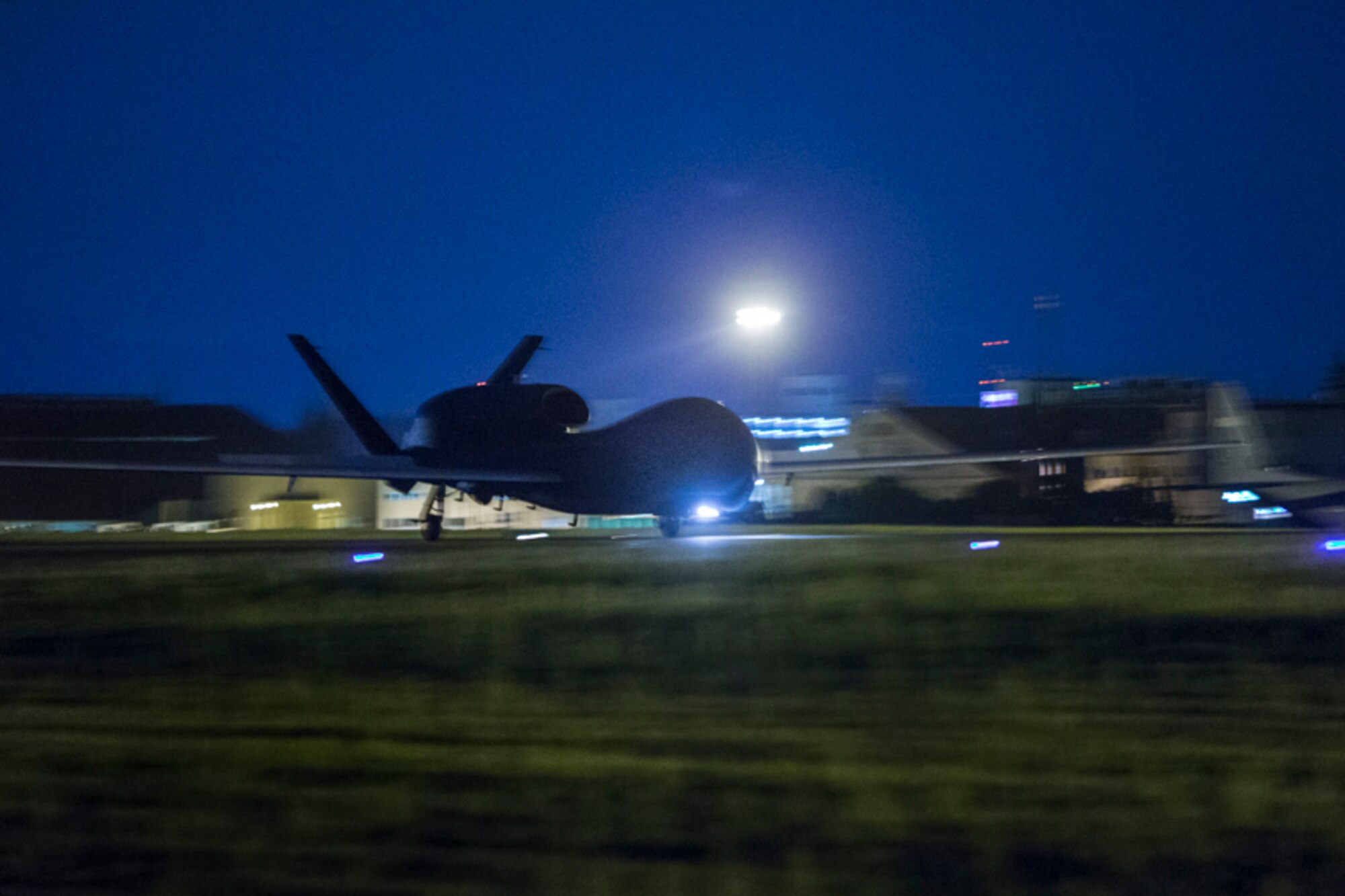 An RQ-4 Global Hawk from Andersen Air Force Base, Guam lands at Yokota Air Base, Japan, May 1, 2017.  The Global Hawk was used for humanitarian assistance and disaster relief efforts during Operation Tomodachi after the 2011 earthquake. (U.S. Air Force photo by Yasuo Osakabe)