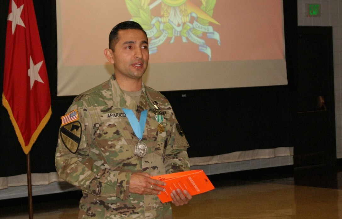Sgt. 1st Class Daniel Aparicio shares his gratitude at his Sgt. Audie Murphy Club induction ceremony held at Fort Devens, Massachusetts, April 6, 2017.  Aparicio is assigned to the Regional Training Site Maintenance-Devens, which falls under the 94th Training Division.