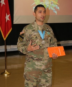 Sgt. 1st Class Daniel Aparicio expresses his gratitude at his Sgt. Audie Murphy Club induction ceremony held at Fort Devens, Massachusetts, April 6, 2017.  Aparicio is assigned to the Regional Training Site Maintenance-Devens, which falls under the 94th Training Division.