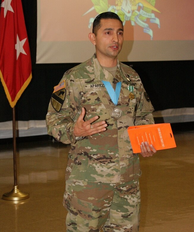Sgt. 1st Class Daniel Aparicio expresses his gratitude at his Sgt. Audie Murphy Club induction ceremony held at Fort Devens, Massachusetts, April 6, 2017.  Aparicio is assigned to the Regional Training Site Maintenance-Devens, which falls under the 94th Training Division.