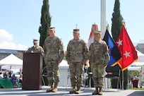 The 63d Regional Support Command commanding general, Maj. Gen. Alvin stand with Command Sgt. Maj. Kelly Largent and Chief Warrant Officer 5 Belynda Lindsey during the Earth Day event held at the Sergeant James Witkowski Armed Forces Reserve Center in Mountain View.