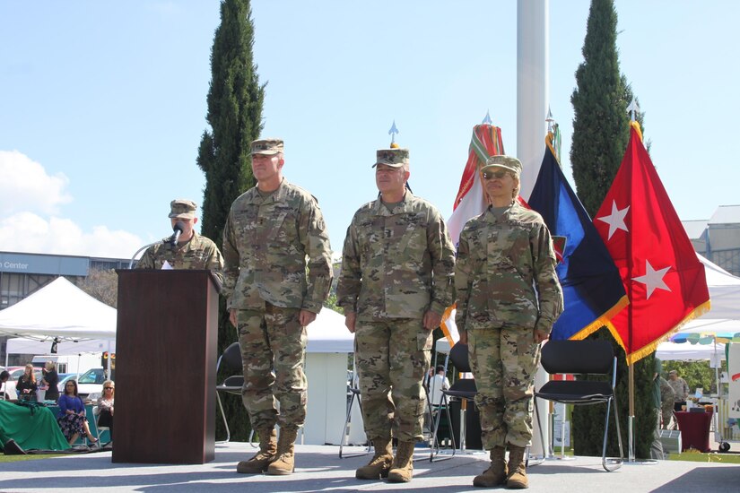 The 63d Regional Support Command commanding general, Maj. Gen. Alvin stand with Command Sgt. Maj. Kelly Largent and Chief Warrant Officer 5 Belynda Lindsey during the Earth Day event held at the Sergeant James Witkowski Armed Forces Reserve Center in Mountain View.