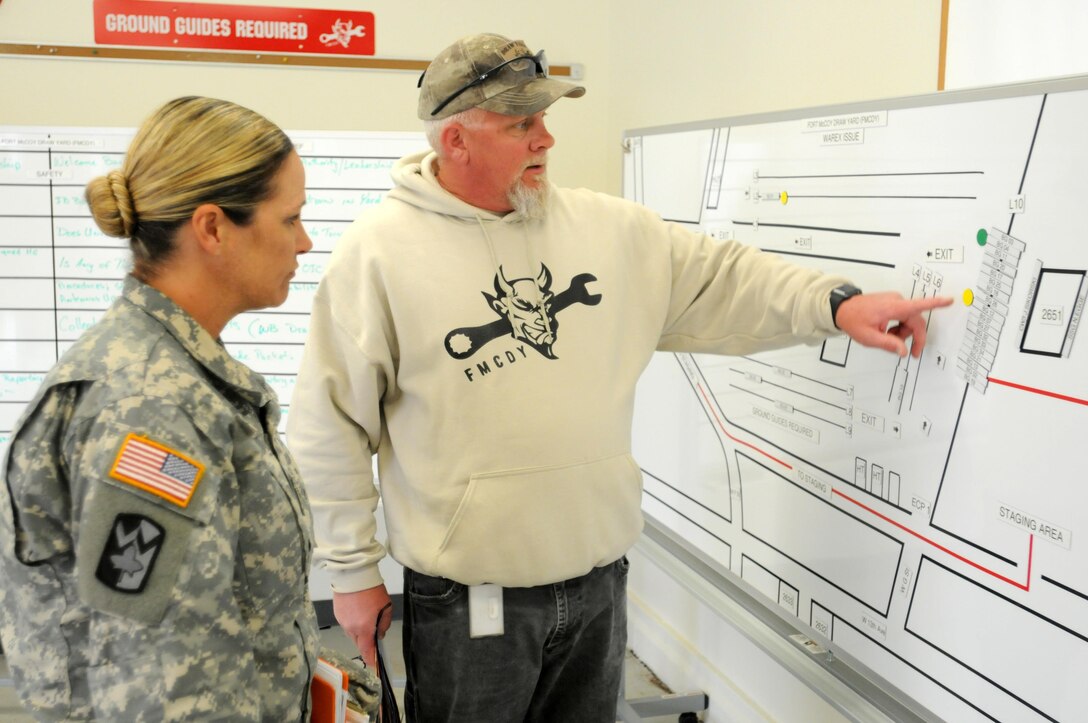 David Teelon, right, Fort McCoy Draw Yard manager, instructs Staff Sgt. Amanda Compton, a supply NCO from the U.S. Army Reserve's 211th Regional Support Group out of Corpus Christi, Texas, on where to pick up her unit's equipment at the Fort McCoy Draw Yard, April 26. Compton and her unit are at Fort McCoy for the annual Warrior Exercise (WAREX) and are signing for equipment from the Fort McCoy Draw Yard.