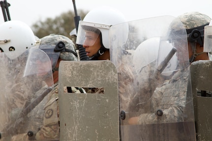 U.S. Soldiers representing the 805th Military Police Company from Cary, N.C participate in crowd control training with Alpha 3rd Marine Fleet Antiterrorism Security Team (FAST) and Royal Moroccan Armed Forces during Exercise African Lion 17 April 23, at Tifnit, Morocco. Exercise African Lion is an annually scheduled, combined multilateral exercise designed to improve interoperability and mutual understanding of each nation’s tactics, techniques and procedures.