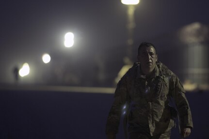 Chief Warrent Officer 3 Raul Echevarria, the property book officer with the 369th Sustainment Brigade, marches during the ruck march portion of the German Armed Forces Badge qualification. The German Armed Forces Badge for Military Proficiency is one of the most sought after foreign awards in the United States Army. The 316th ESC and the 1st Sustainment Command (Theater) had the privilage of hosting the award qualifications at Camp Arifjan, Kuwait April 27, 2017.