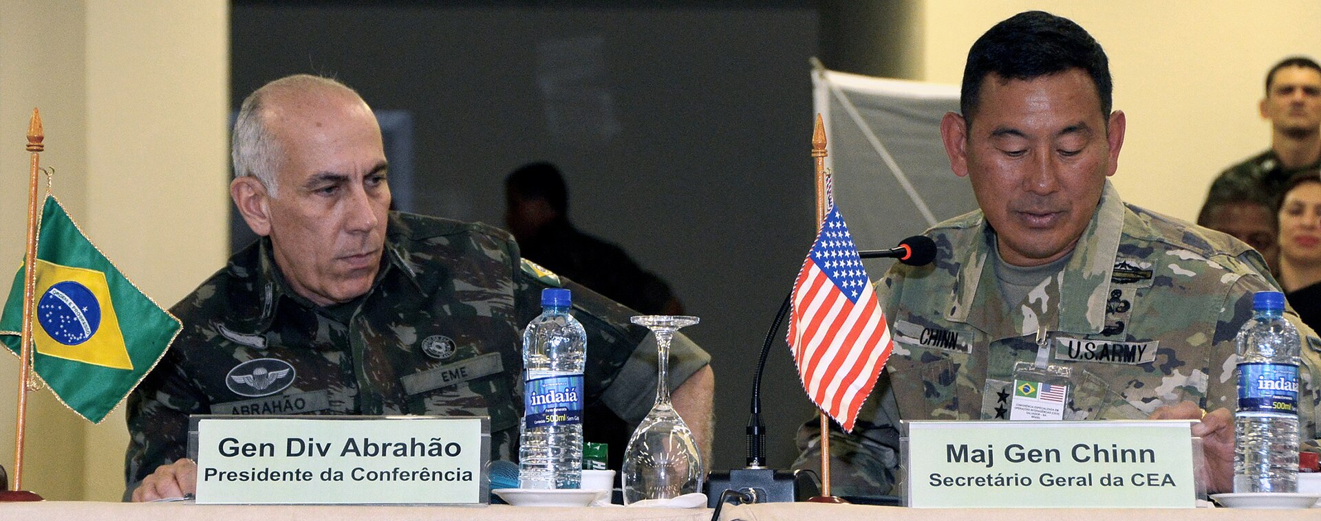 Maj. Gen. K.K. Chinn (right), Secretary General of the Conference of American Armies and U.S. Army South commanding general; and  Maj. Gen. William Georges Felippe Abrahao (left), conference president and Deputy Chief of Staff of the Brazilian Army; talk about interagency operations during the Specialized Conference on Interagency Operations, in Salvador, Bahia April 10. 