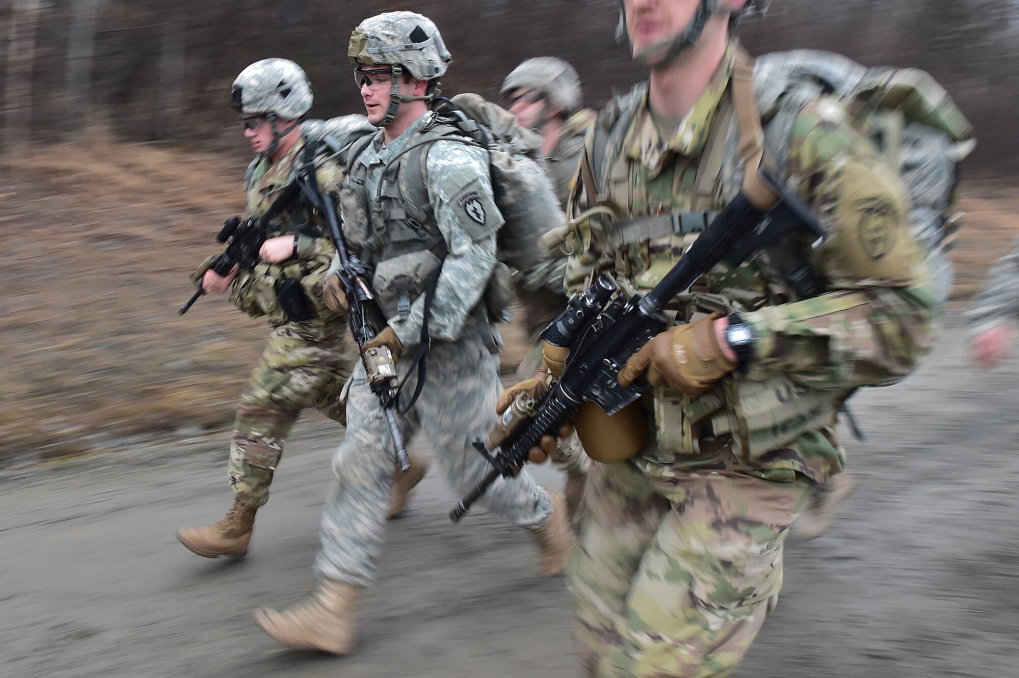Soldiers assigned to Comanche Company, 1st Battalion, 501st Parachute Infantry Regiment, 4th Infantry Brigade Combat Team (Airborne), 25th Infantry Division, U.S. Army Alaska, execute a 12-mile tactical foot march on Joint Base Elmendorf-Richardson, Alaska, April 27, 2017. Foot marches are the movement of troops and equipment, mainly by foot, with limited support by vehicles. They are characterized by combat readiness, ease of control, adaptability to terrain, slow rate of movement, and increased personnel fatigue.