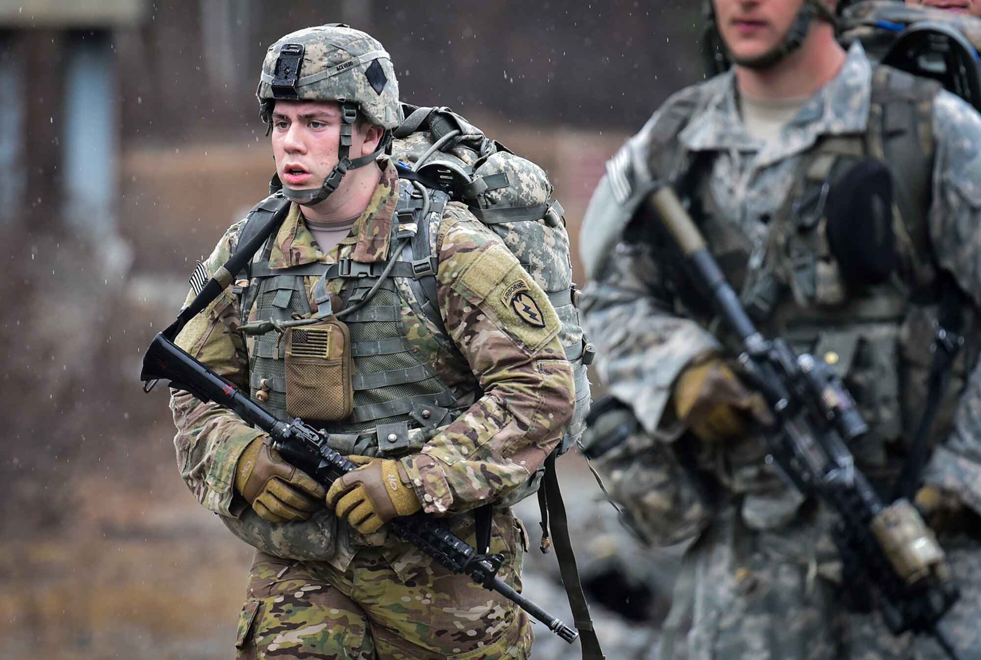 Army Pfc. Daniel Acevedo assigned to Comanche Company, 1st Battalion, 501st Parachute Infantry Regiment, 4th Infantry Brigade Combat Team (Airborne), 25th Infantry Division, U.S. Army Alaska, executes a 12-mile tactical foot march with fellow paratroopers on Joint Base Elmendorf-Richardson, Alaska, April 27, 2017. Foot marches are the movement of troops and equipment, mainly by foot, with limited support by vehicles. They are characterized by combat readiness, ease of control, adaptability to terrain, slow rate of movement, and increased personnel fatigue.