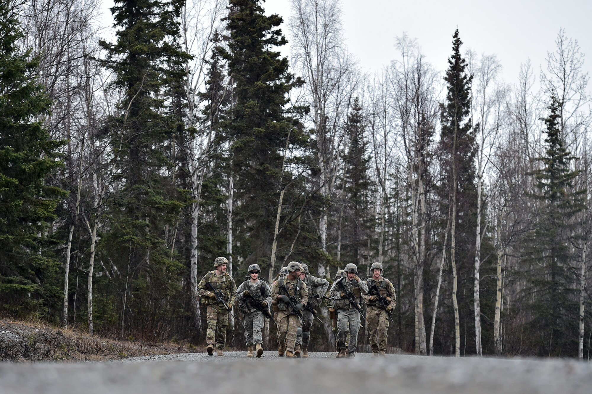 Soldiers assigned to Comanche Company, 1st Battalion, 501st Parachute Infantry Regiment, 4th Infantry Brigade Combat Team (Airborne), 25th Infantry Division, U.S. Army Alaska, execute a 12-mile tactical foot march on Joint Base Elmendorf-Richardson, Alaska, April 27, 2017. Foot marches are the movement of troops and equipment, mainly by foot, with limited support by vehicles. They are characterized by combat readiness, ease of control, adaptability to terrain, slow rate of movement, and increased personnel fatigue.