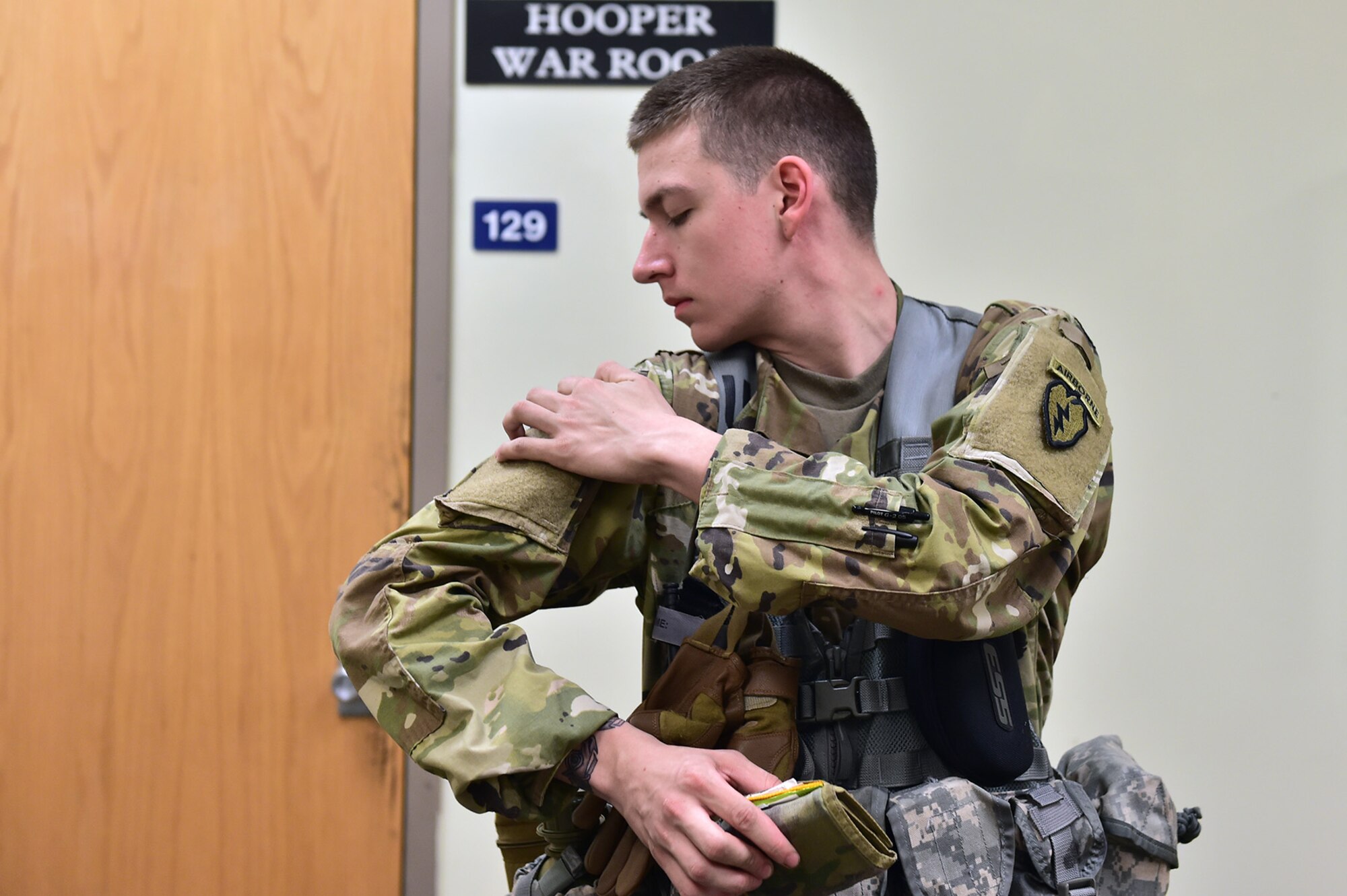 Army Pfc. Korbin Talbot, a native of Seattle, assigned to Comanche Company, 1st Battalion, 501st Parachute Infantry Regiment, 4th Infantry Brigade Combat Team (Airborne), 25th Infantry Division, U.S. Army Alaska, prepares for a 12-mile tactical foot march on Joint Base Elmendorf-Richardson, Alaska, April 27, 2017. Foot marches are the movement of troops and equipment, mainly by foot, with limited support by vehicles. They are characterized by combat readiness, ease of control, adaptability to terrain, slow rate of movement, and increased personnel fatigue.