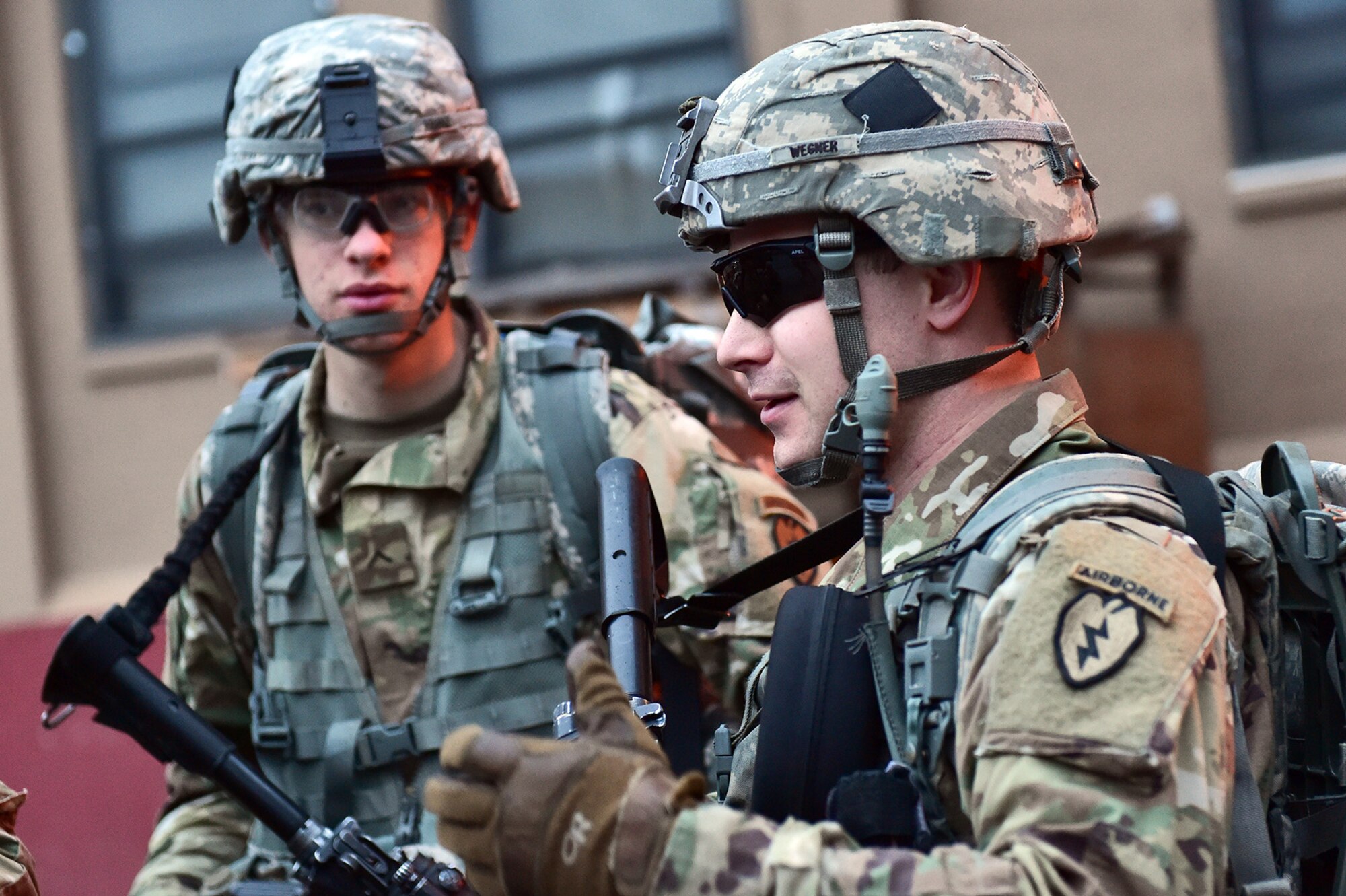 Army Spc. Nathan Wegner, a native of Waukesha, Wis., assigned to Comanche Company, 1st Battalion, 501st Parachute Infantry Regiment, 4th Infantry Brigade Combat Team (Airborne), 25th Infantry Division, U.S. Army Alaska, waits for the order to begin a 12-mile tactical foot march on Joint Base Elmendorf-Richardson, Alaska, April 27, 2017. Foot marches are the movement of troops and equipment, mainly by foot, with limited support by vehicles. They are characterized by combat readiness, ease of control, adaptability to terrain, slow rate of movement, and increased personnel fatigue.