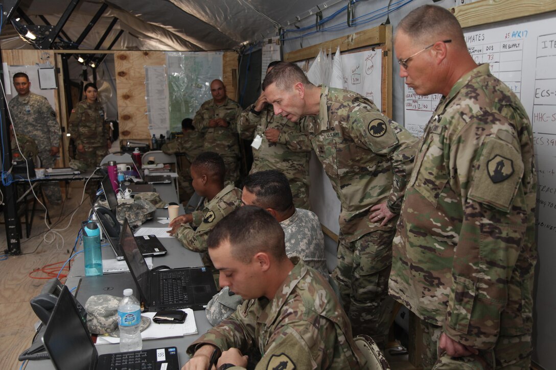 U.S. Army Maj. Gen. David Conboy, U.S. Army Reserves Deputy Commanding General (Operations), tours the Beyond the Horizon 2017 operations at Price Barracks, Belize, April 25, 2017. Beyond the Horizon is a U.S. Southern Command-sponsored, Army South-led exercise designed to provide humanitarian and engineering services to communities in need, demonstrating U.S. support for Belize. (U.S. Army photo by Spc. Gary Silverman)