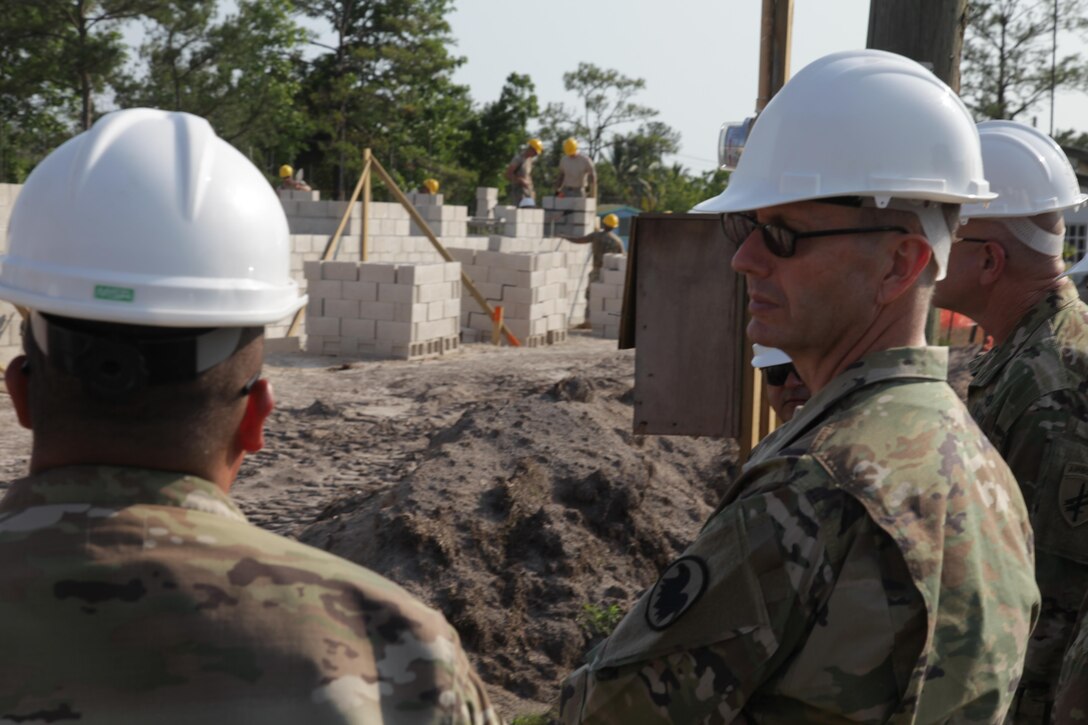 U.S. Army Maj. Gen. David Conboy, U.S. Army Reserves Deputy Commanding General (Operations), tours the Double Head Cabbage, Belize health clinic construction site being built by the 372nd Engineer Battalion, during Beyond the Horizon 2017, April 25, 2017. Beyond the Horizon is a U.S. Southern Command-sponsored, Army South-led exercise designed to provide humanitarian and engineering services to communities in need, demonstrating U.S. support for Belize. (U.S. Army photo by Spc. Gary Silverman)