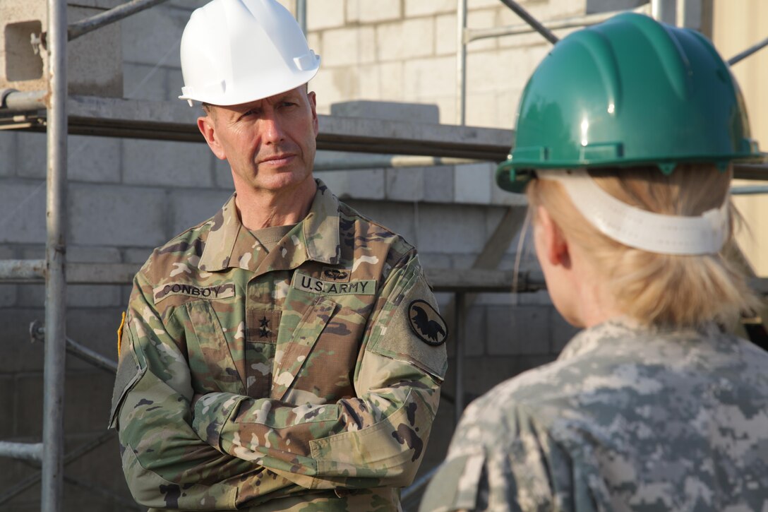 U.S. Army Maj. Gen. David Conboy, U.S. Army Reserves Deputy Commanding General (Operations), tours the Ladyville, Belize health clinic construction site being built by the 372nd Engineer Battalion, during Beyond the Horizon 2017, April 25, 2017. Beyond the Horizon is a U.S. Southern Command-sponsored, Army South-led exercise designed to provide humanitarian and engineering services to communities in need, demonstrating U.S. support for Belize. (U.S. Army photo by Spc. Gary Silverman)