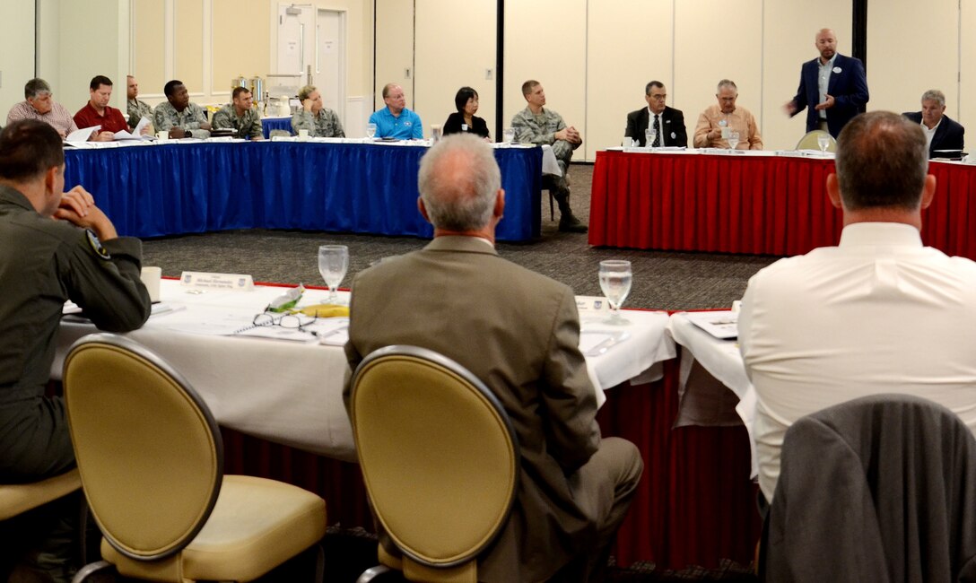 Dr. Scott LaFevers (standing), Wayne County Military Affairs Committee chairman, speaks to attendees of the Headquarters 9th Air Force Civic Leader Forum, April 26, 2017, Shaw Air Force Base, S.C. LaFevers highlighted how the MAC aids and supports Airmen at Seymour Johnson Air Force Base, N.C. (U.S. Air Force photo by Tech. Sgt. Amanda Dick)