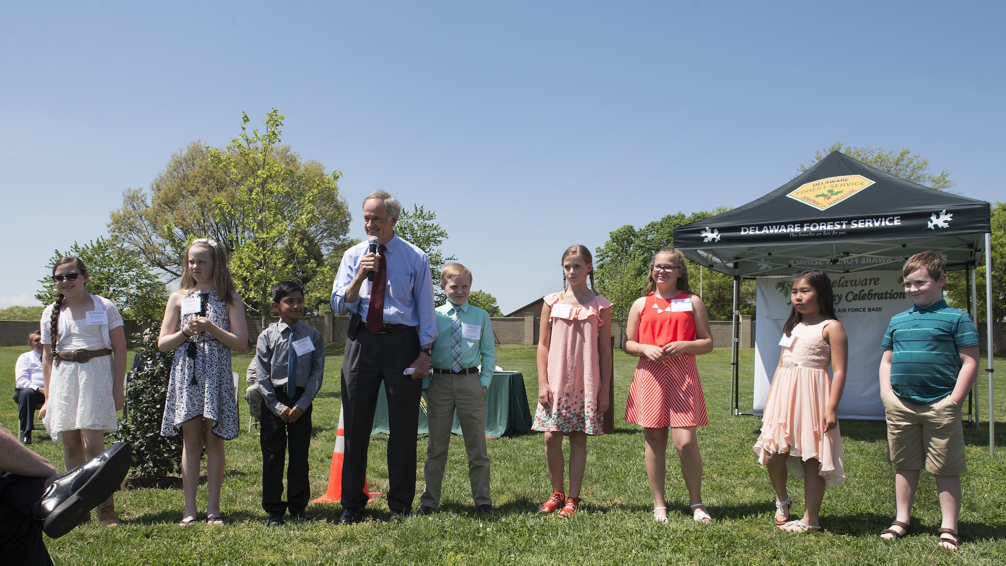 Sen. Tom Carper, Del., speaks at the State of Delaware Arbor Day event April 28, 2017, at Dover Air Force Base, Del. The event recognized Dover AFB as a Tree City USA for 25-straight years. (U.S. Air Force photo by Senior Airman Zachary Cacicia)
