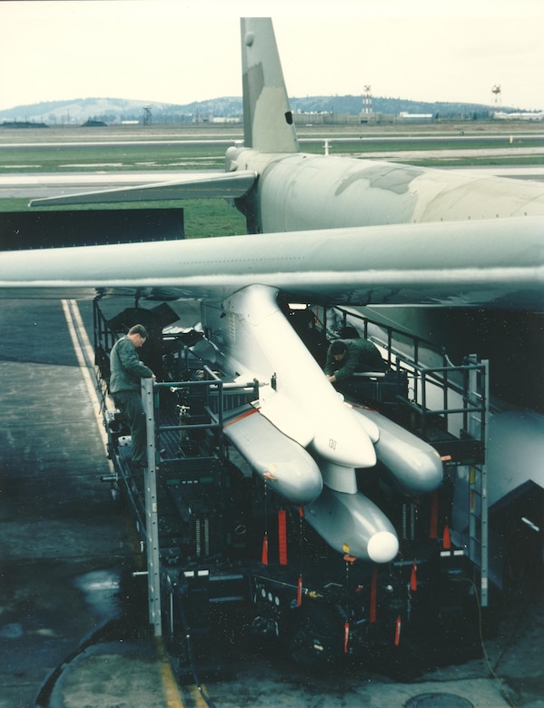 ALCM (AGM-86) loaded on a B-52 at Fairchild Air Force Base, May 30, 1984. (Courtesy photo)
