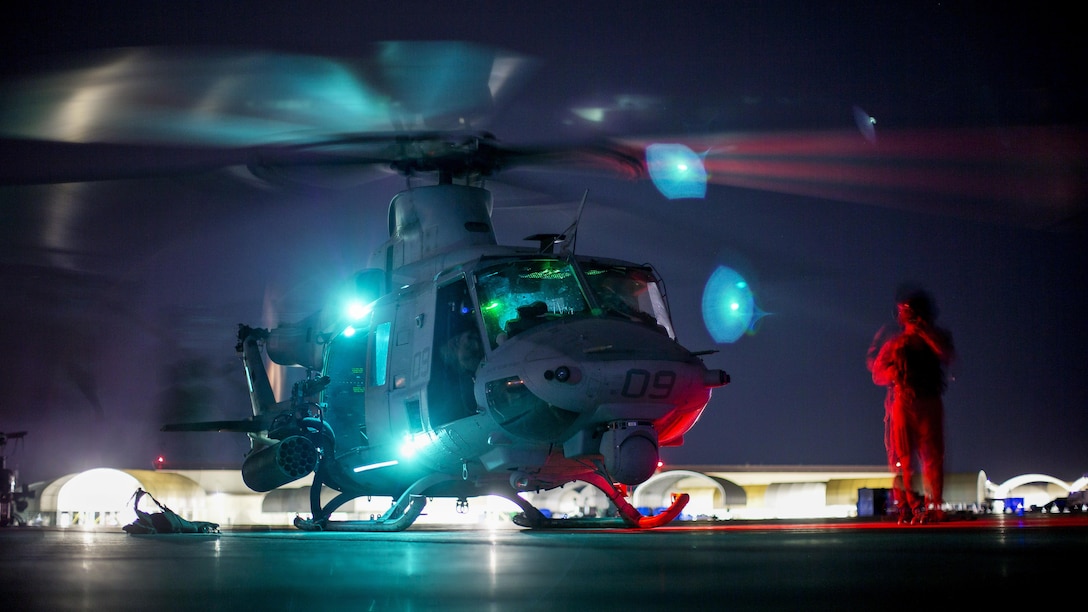 A Marine Corps UH-1Y Venom lands during a weapons and tactics instructor course final exercise at Yuma, Ariz., April 27, 2017. The helicopter is assigned to Marine Aviation Weapons and Tactics Squadron One. Marine Corps photo by Cpl. AaronJames B. Vinculado