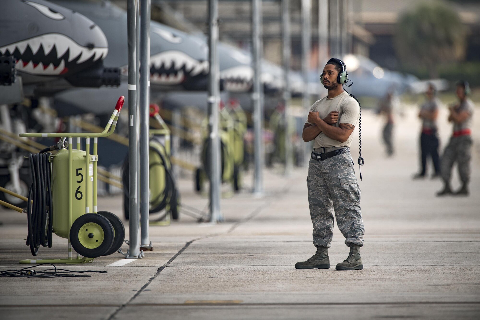 Staff Sgt. Danny Barthelemy, 75th Aircraft Maintenance Unit dedicated crew chief, marshals an A-10C Thunderbolt II aircraft, April 28, 2017, at Moody Air Force Base, Ga. The 75th FS departed for Combat Hammer, an air-to-ground exercise hosted at Hill Air Force Base, Utah. The exercise is designed to collect and analyze data on the performance of precision weapons and measure their suitability for use in combat. (U.S. Air Force photo by Staff Sgt. Ryan Callaghan)