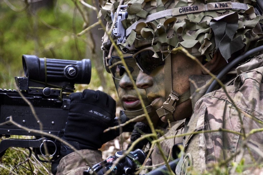 Soldiers seize an objective during a joint force entry exercise in collaboration with NATO allies as part of the kickoff for exercise Saber Junction 17 at Hradcany Airfield in the Czech Republic, April 29, 2017. The soldiers are assigned to the 2nd Cavalry Regiment. Army photo by Sgt. Devon Bistarkey