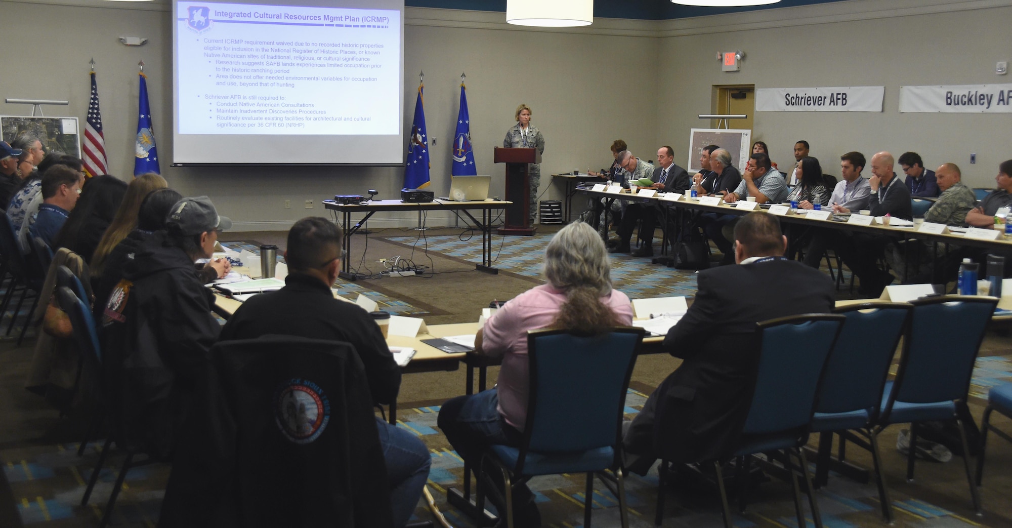 Col. DeAnna Burt, 50th Space Wing commander, speaks to attendees during the Front Range Tribal Relations Meeting at Drury Inn, Colorado, Tuesday, April 25, 2017. The meeting included blessings, installation overviews, tribal overviews and information booths. (U.S. Air Force photo/Senior Airman Arielle Vasquez)