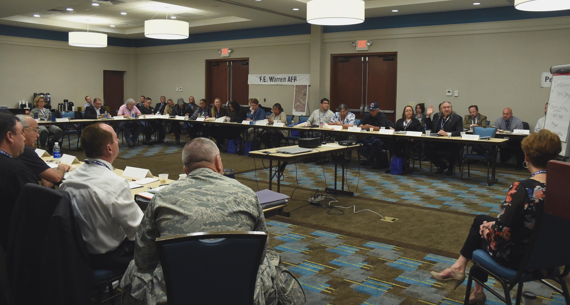 Attendees participate in a round table discussion at the Front Range Tribal Relations Meeting at Drury Inn, Colorado, Tuesday, April 25, 2017. The meeting’s goal was to bring governments together to learn about each other and find ways to come together to meet respective mission needs. (U.S. Air Force photo/Senior Airman Arielle Vasquez)