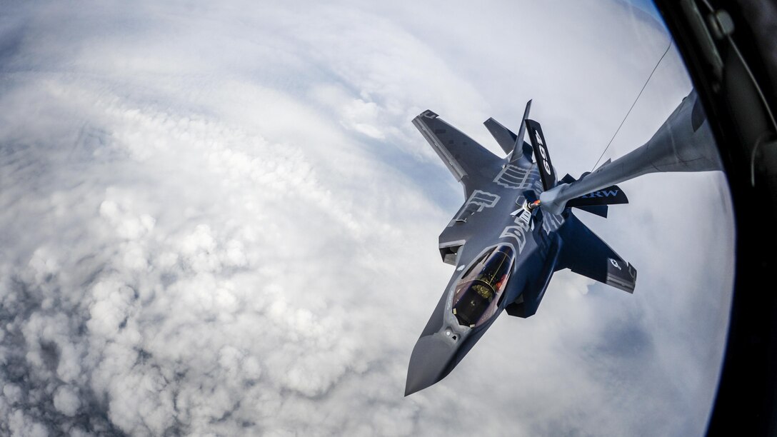 An F-35A Lightning II aircraft receives fuel from a KC-135 Stratotanker during a flight to Graf Ignatievo Air Base, Bulgaria, April 28, 2017. The Stratotanker is assigned to the 459th Air Refueling Wing. Air Force photo by Staff Sgt. Kate Thornton