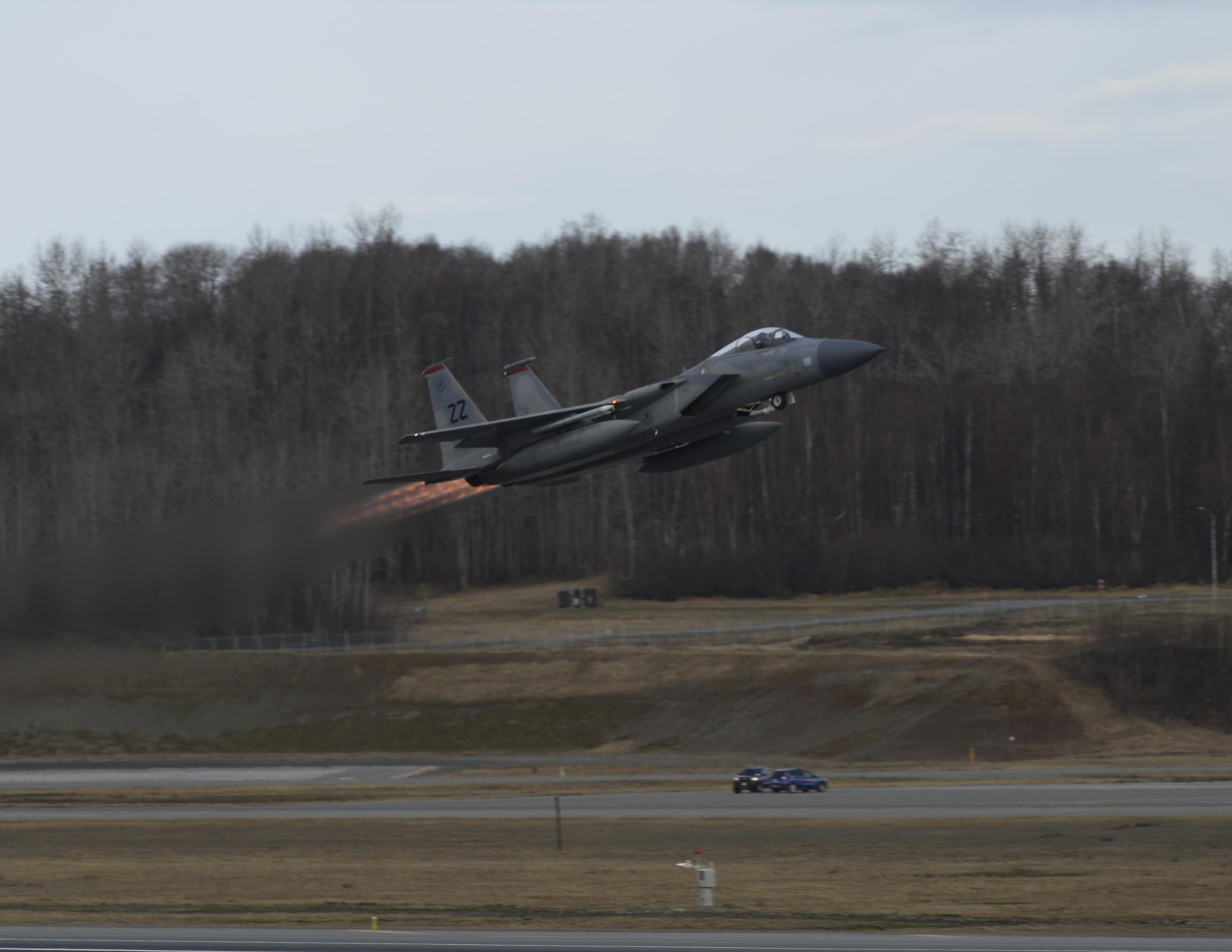 A U.S. Air Force F-15C Eagle takes off during exercise Northern Edge 17, May 1, 2017. Northern Edge 2017 is Alaska’s premier joint training exercise designed to practice operations, techniques and procedures as well as enhance interoperability among the services. Thousands of participants from all the services, Airmen, Soldiers, Sailors, Marines and Coast Guardsmen from active duty, Reserve and National Guard units are involved.