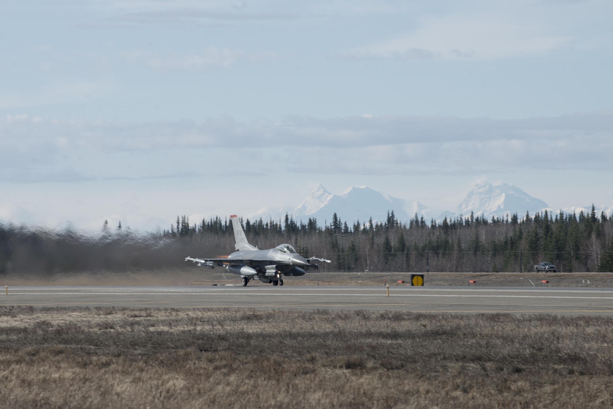 EIELSON AIR FORCE BASE, Alaska – A U.S. Air Force F-16 Fighting Falcon aircraft assigned to the 13th Fighter Squadron, Misawa Air Base, Japan, takes off for a sortie from Eielson Air Force Base, Alaska, May 1, 2017 during NORTHERN EDGE 2017 (NE17). NE17 is Alaska’s premier joint training exercise designed to practice operations, techniques and procedures as well as enhance interoperability among the services. Thousands of participants from all the services, Airmen, Soldiers, Sailors, Marines and Coast Guardsmen from active duty, Reserve and National Guard units are involved. (U.S. Air Force photo/Staff Sgt. Ashley Nicole Taylor)