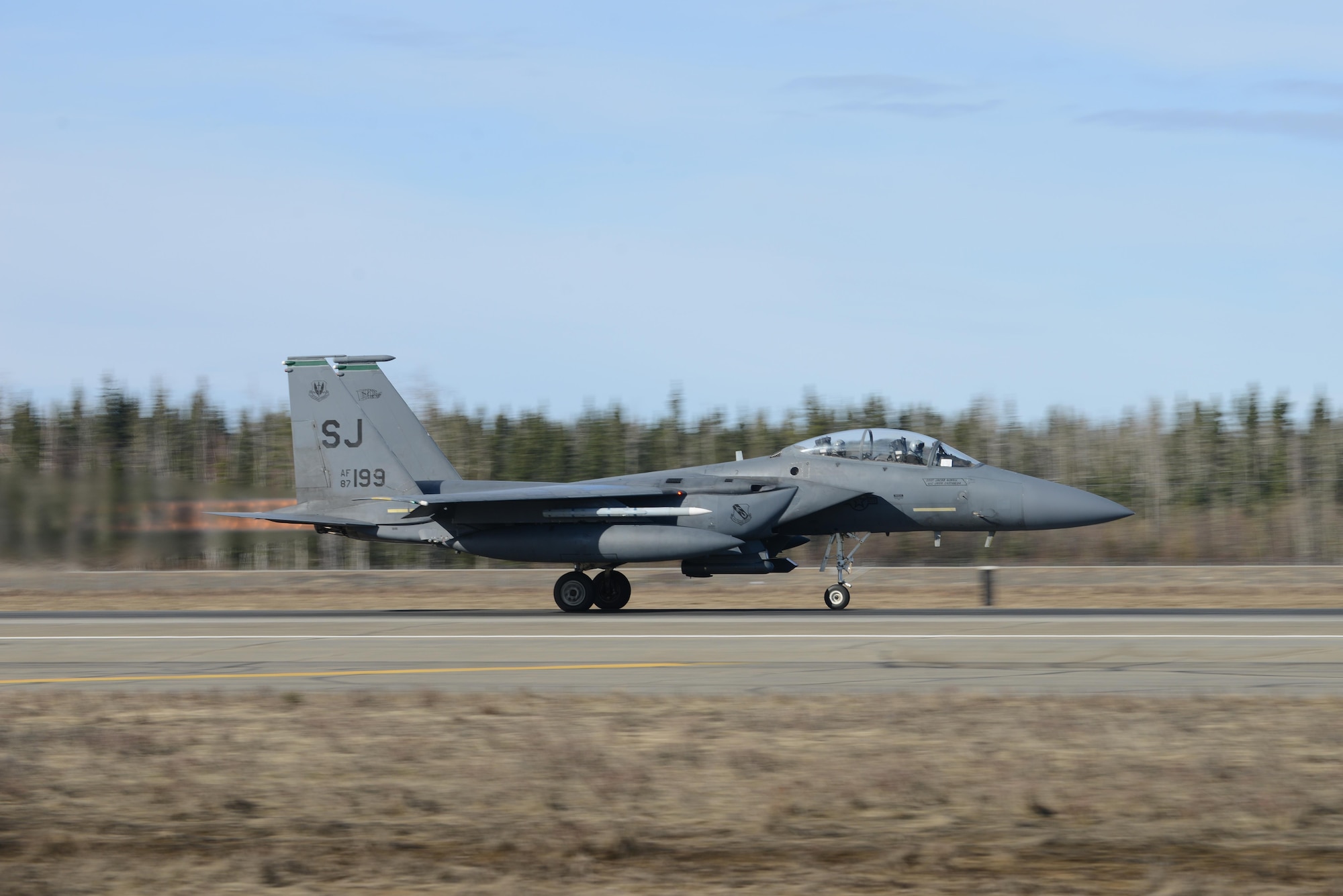 EIELSON AIR FORCE BASE, Alaska – A U.S. Air Force F-15E Strike Eagle dual-role fighter aircraft assigned to the 335th Fighter Squadron, Seymour Johnson Air Force Base, N.C., takes off for a sortie from Eielson Air Force Base, Alaska, May 1, 2017 during NORTHERN EDGE 2017 (NE17). NE17 is Alaska’s premier joint training exercise designed to practice operations, techniques and procedures as well as enhance interoperability among the services. Thousands of participants from all the services, Airmen, Soldiers, Sailors, Marines and Coast Guardsmen from active duty, Reserve and National Guard units are involved. (U.S. Air Force photo/Staff Sgt. Ashley Nicole Taylor)