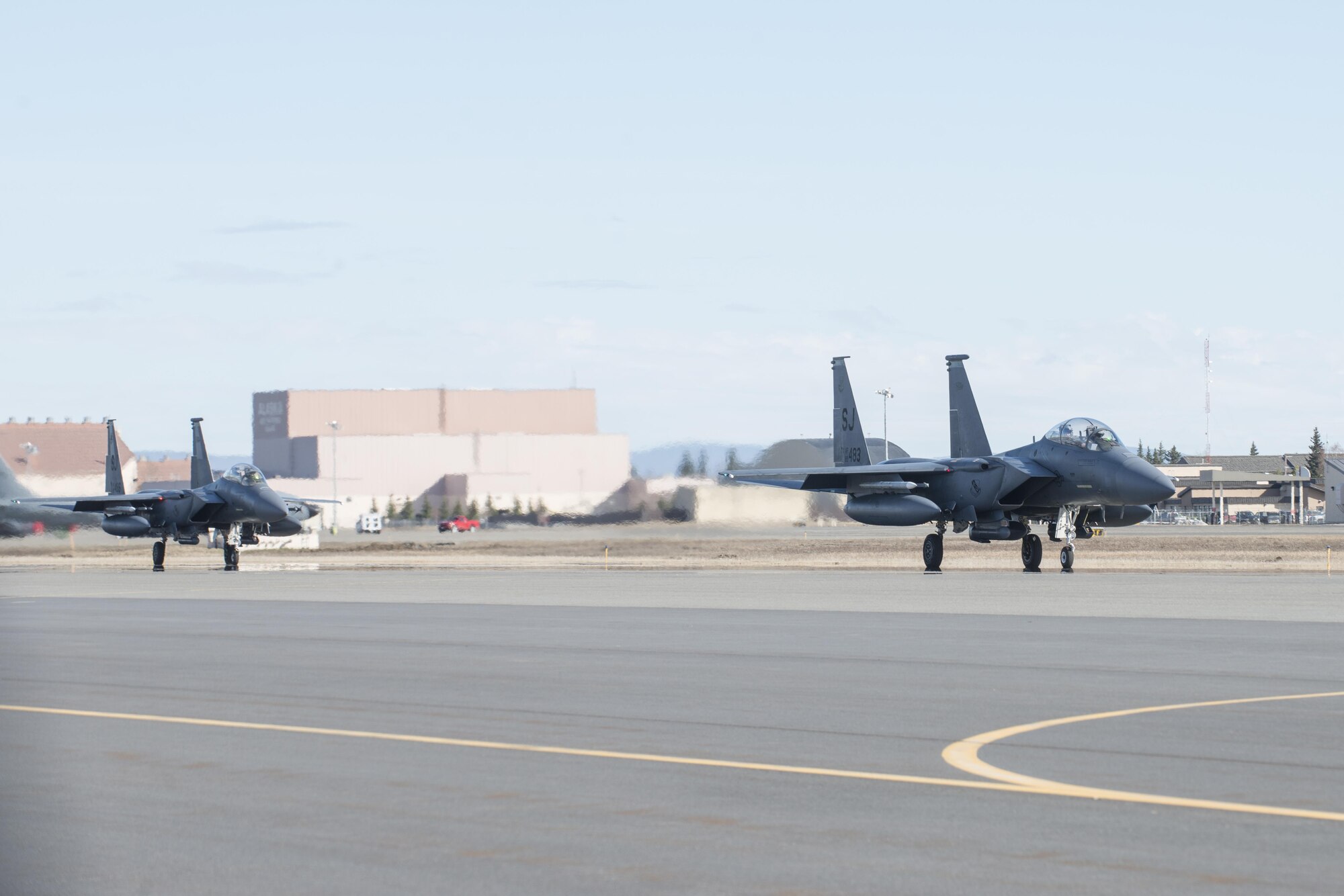 EIELSON AIR FORCE BASE, Alaska – A U.S. Air Force F-16 Fighting Falcon aircraft assigned to the 18th Aggressor Squadron takes off for a sortie from Eielson Air Force Base, Alaska, May 1, 2017 during NORTHERN EDGE 2017 (NE17). NE17 is Alaska’s premier joint training exercise designed to practice operations, techniques and procedures as well as enhance interoperability among the services. Thousands of participants from all the services, Airmen, Soldiers, Sailors, Marines and Coast Guardsmen from active duty, Reserve and National Guard units are involved. (U.S. Air Force photo/Staff Sgt. Ashley Nicole Taylor)