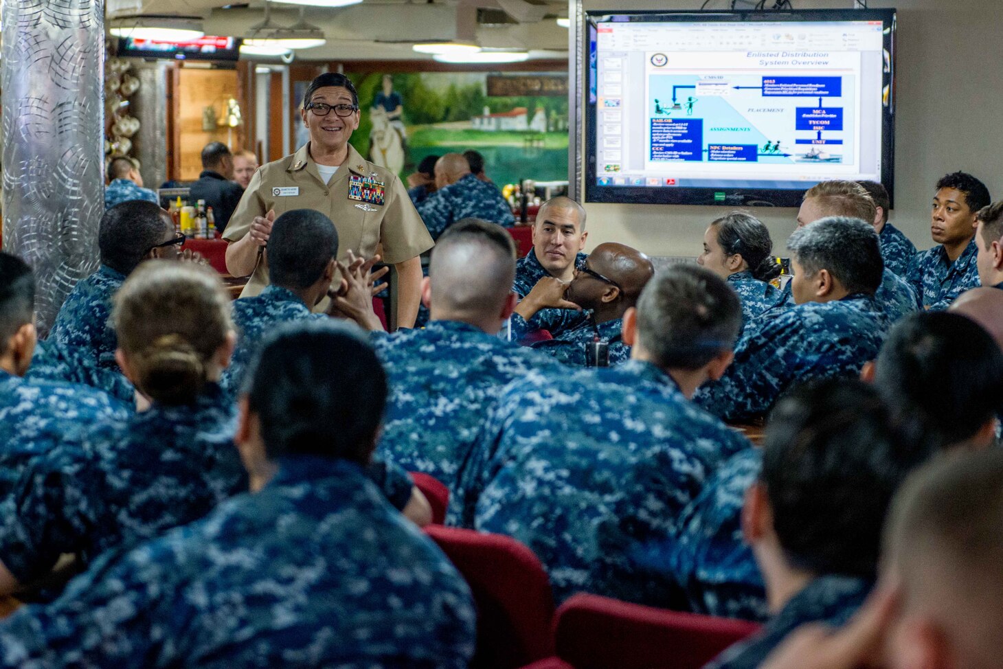 (May 1, 2017) Information Systems Technician (IT) Master Chief (IW/EXW/SW) Jeanette Hafer, IT lead detailer, speaks to Sailors during an intelligence warfare community roadshow in the Chief's Mess aboard the Navy's forward-deployed aircraft carrier, USS Ronald Reagan (CVN 76).  