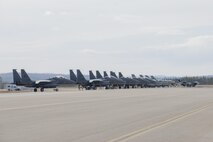 EIELSON AIR FORCE BASE, Alaska – U.S. Air Force aircraft assigned to the 335th Fighter Squadron, Seymour Johnson Air Force Base, N.C., the 13th Fighter Squadron, Misawa Air Base, Japan, and the 18th Aggressor Squadron, prepare for a sortie during NORTHERN EDGE 2017 (NE17) May 1, 2017, at Eielson Air Force Base, Alaska. NE17 is Alaska’s premier joint training exercise designed to practice operations, techniques and procedures as well as enhance interoperability among the services. Thousands of participants from all the services, Airmen, Soldiers, Sailors, Marines and Coast Guardsmen from active duty, Reserve and National Guard units are involved. (U.S. Air Force photo/Staff Sgt. Ashley Nicole Taylor)