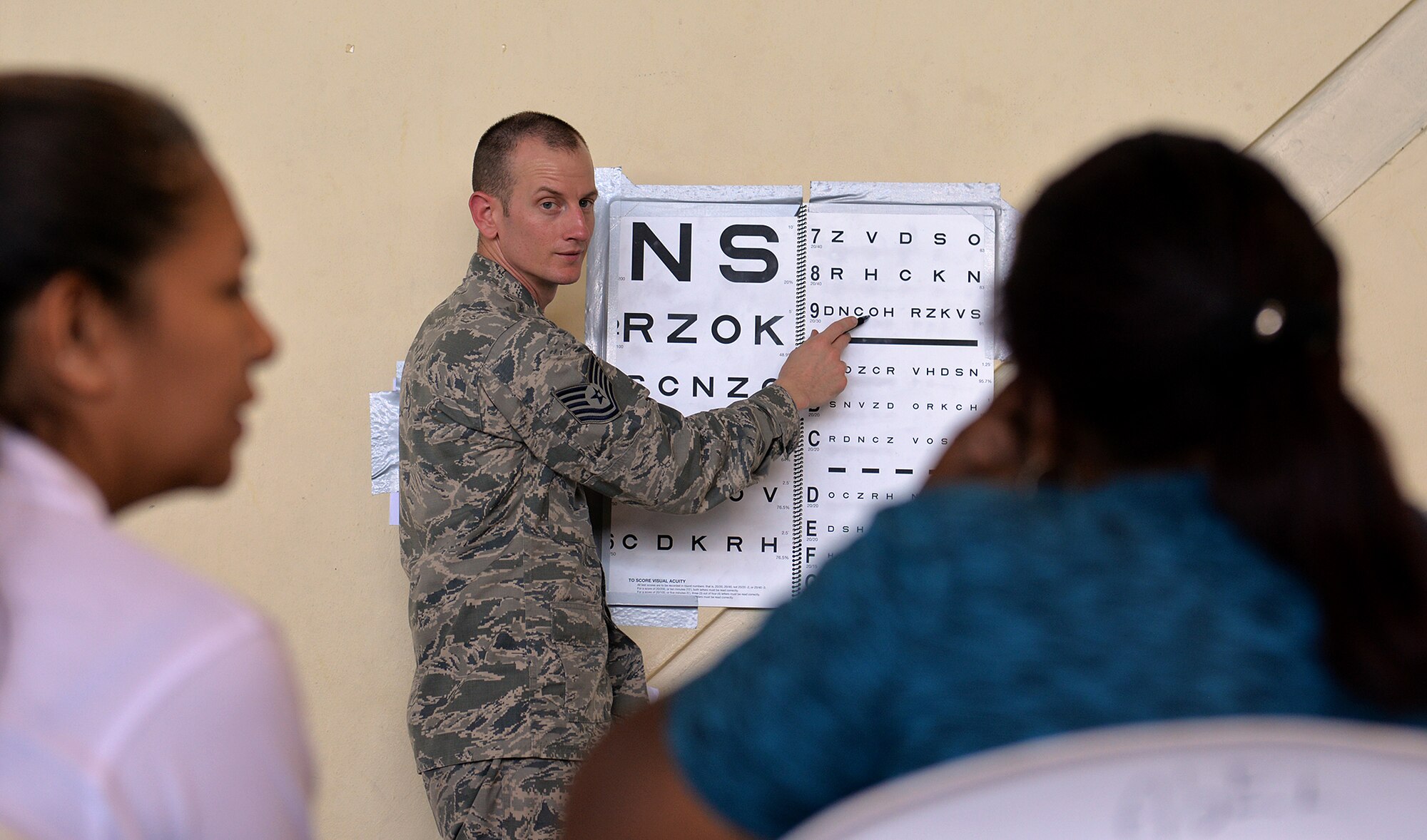 U.S. Air Force Tech. Sgt. Wesley Catoe, an opthalmic technician with the 628th Aerospace Medicine Squadron out of Joint Base Charleston, S.C., guides a patient through an eye chart with the assistance of a local volunteer as part of an eye an exam in Azua, Dominican Republic, March 14, 2017, during a medical readiness training exercise as part of NEW HORIZONS 2017. NEW HORIZONS provides U.S. military members an opportunity to train for an overseas deployment and all of the logistical requirements it entails, and promotes bilateral cooperation by providing real opportunities for U.S. and partner nation military engineers, medical personnel and support staff to work and train side by side. (U.S. Air Force photo by Master Sgt. Karen J. Tomasik)