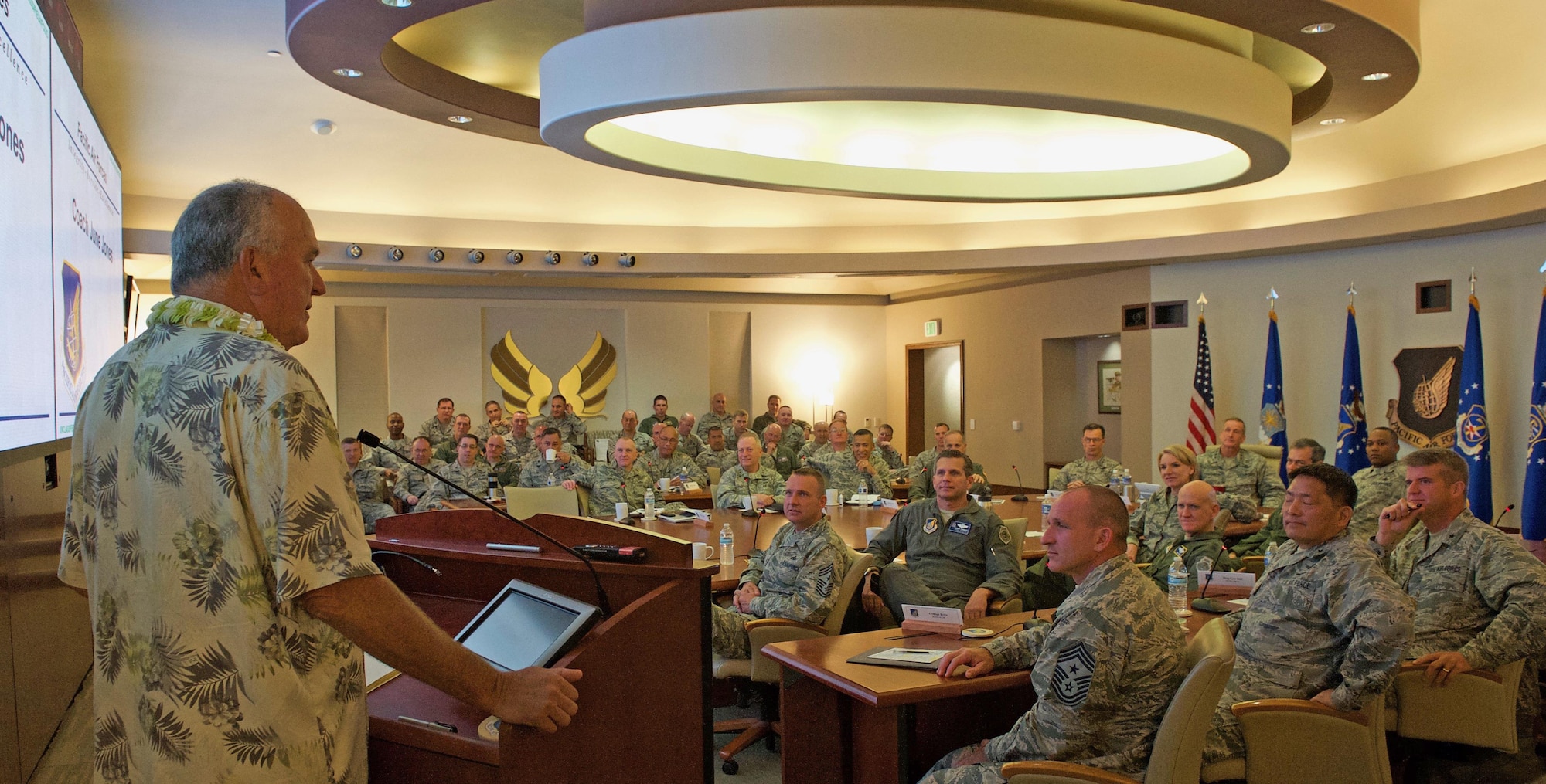 Former University of Hawaii (UH) head football coach June Jones speaks with Pacific Air Forces (PACAF) senior leaders during the PACAF hosted commander's conference at Joint Base Pearl Harbor-Hickam, Hawaii, April 26, 2017. At UH, Jones guided the Rainbow Warriors to what was the biggest single-season turnaround in NCAA history, taking a program that had gone 0-12 before his arrival to 9-4 in 1999, leaving the school as the winningest head coach with a 76-41 record over nine seasons. The three-day conference included a wide variety of topics and several guest speakers, preparing leaders in PACAF to remain poised to retain a competitive advantage in the evolving Pacific theater. (U.S. Air Force photo by Tech. Sgt. Kamaile Chan)