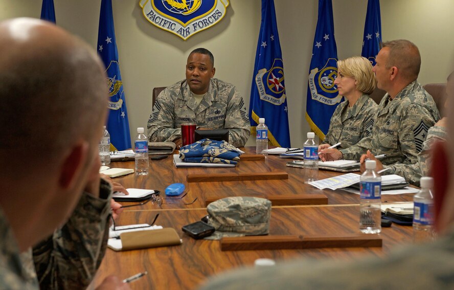 U.S. Air Force Chief Master Sgt. Anthony Johnson, Pacific Air Forces (PACAF) command chief, talks about enlisted issues with command chiefs from the PACAF area of responsibility during the spring Commander's Conference at Joint Base Pearl Harbor-Hickam, Hawaii April 26, 2017. The goal for the conference is to continue developing the warfighter and preparing PACAF leaders to remain poised to retain the competitive advantage in this evolving theater of operations. (U.S. Air Force photo by Tech. Sgt. Kamaile Chan)