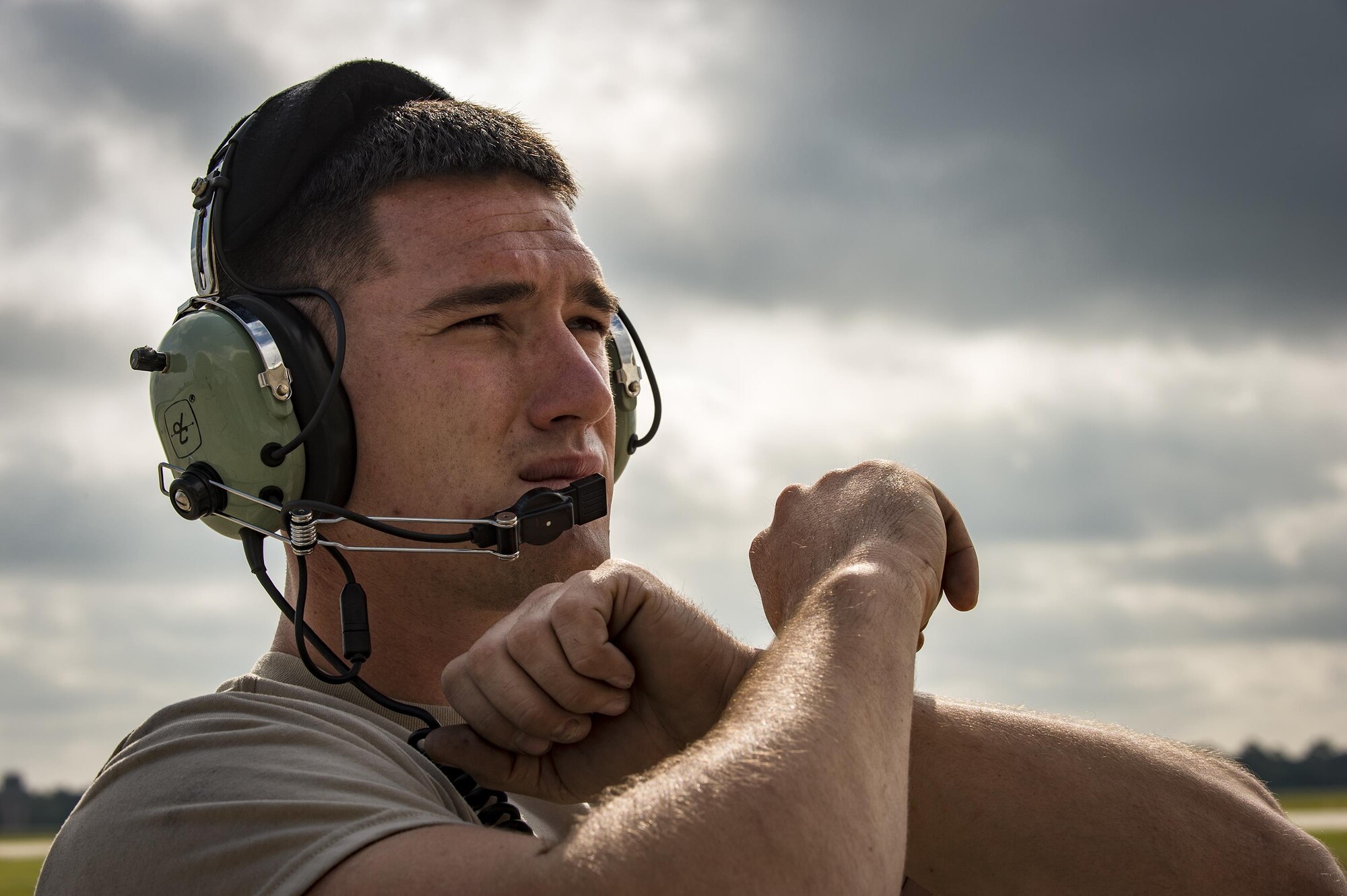 A Crew chief with the 75th Aircraft Maintenance Unit marshals an A-10C Thunderbolt II, April 28, 2017, at Moody Air Force Base, Ga. The 75th FS departed for Combat Hammer, an air-to-ground exercise hosted at Hill Air Force Base, Utah. The exercise is designed to collect and analyze data on the performance of precision weapons and measure their suitability for use in combat. (U.S. Air Force photo by Andrea Jenkins)