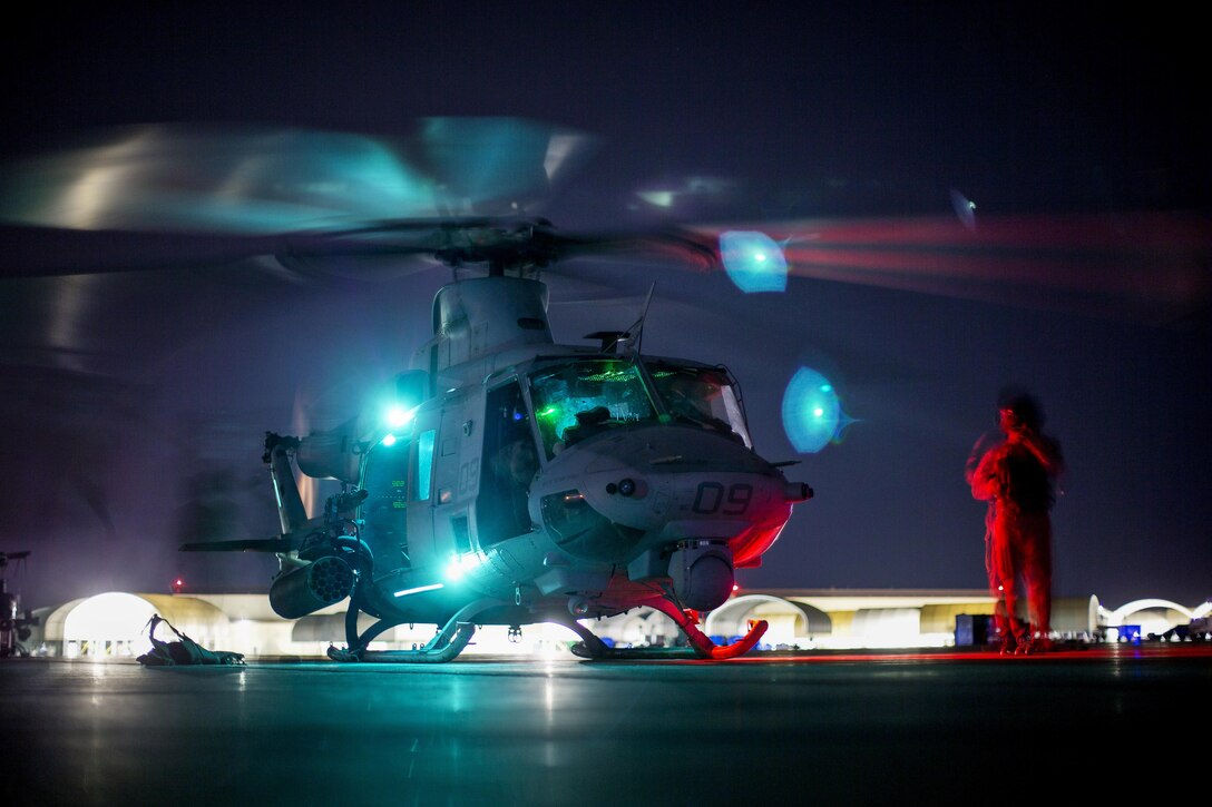 A Marine Corps UH-1Y Venom lands during a weapons and tactics instructor course final exercise at Yuma, Ariz., April 27, 2017. The helicopter is assigned to Marine Aviation Weapons and Tactics Squadron One. Marine Corps photo by Cpl. AaronJames B. Vinculado