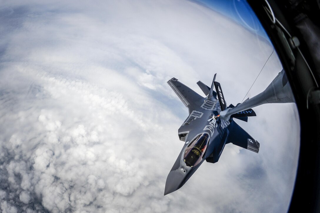 A KC-135 refuels an F-35A Lightning II during a flight to Graf Ignatievo Air Base, Bulgaria, April 28, 2017. The F-35 is assigned to the 34th Fighter Squadron. Air Force photo by Staff Sgt. Kate Thornton