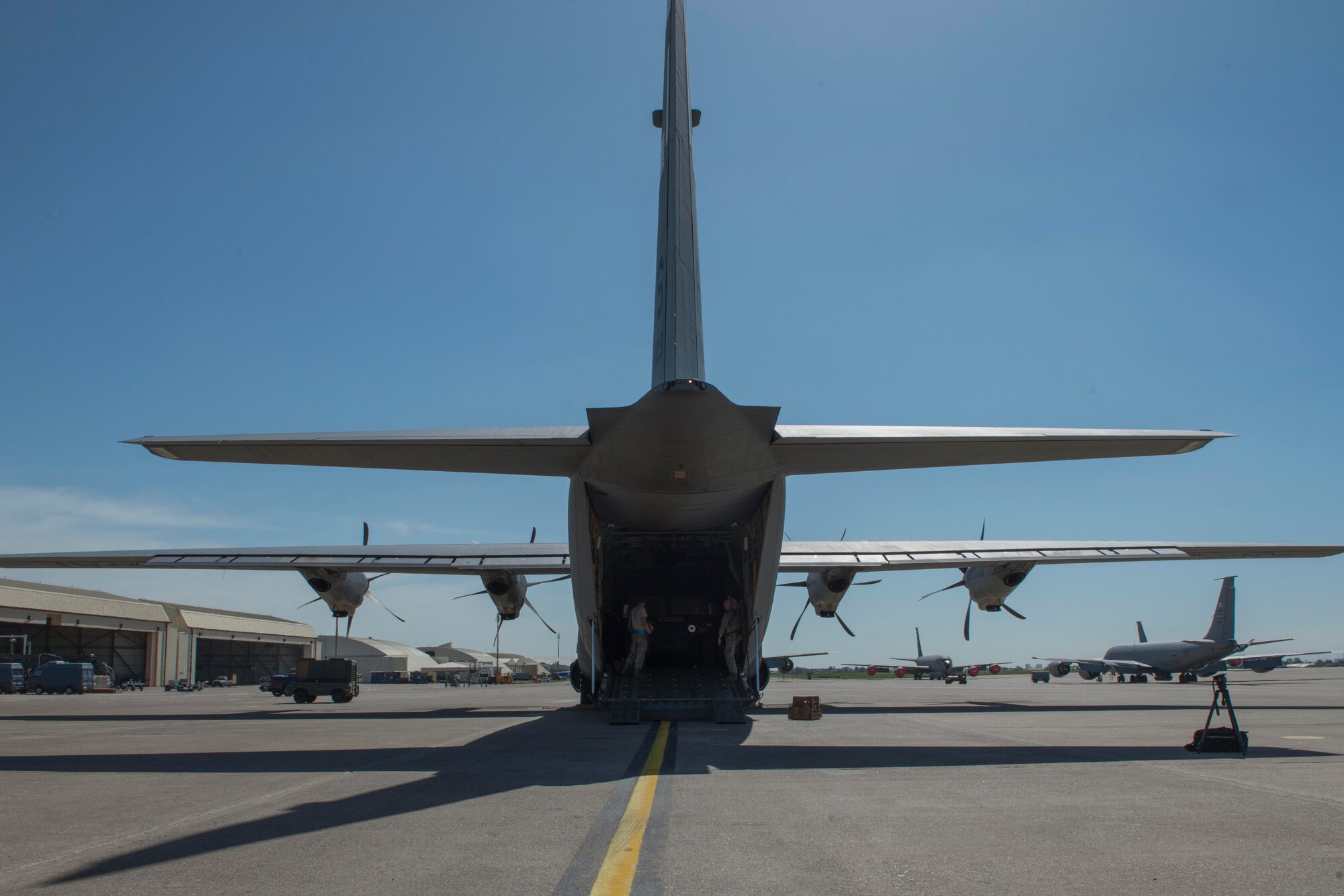 A U.S. Air Force C-130J Super Hercules waits to be unloaded April 26, 2017 at Incirlik Air Base, Turkey. The C-130J delivered Humvees to bolster the 39th Security Forces Squadron’s capability to secure the flightline. (U.S. Air Force photo by Airman 1st Class Devin M. Rumbaugh)
