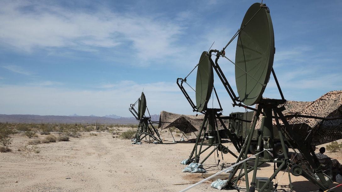 The Tropospheric Scatter Microwave Radio Terminal, or the AN/TRC-170, is being operated during the Weapons and Tactics Instructor Course 2-17 near Marine Corps Air Station Yuma, Ariz., April 26, 2017. The AN/TRC-170 is used to transfer data, internet, phone, and emails within 100 nautical miles to a point target on the receiving end. This version of the AN/TRC-170 has been commissioned in the Marines Corps since the 1980’s.