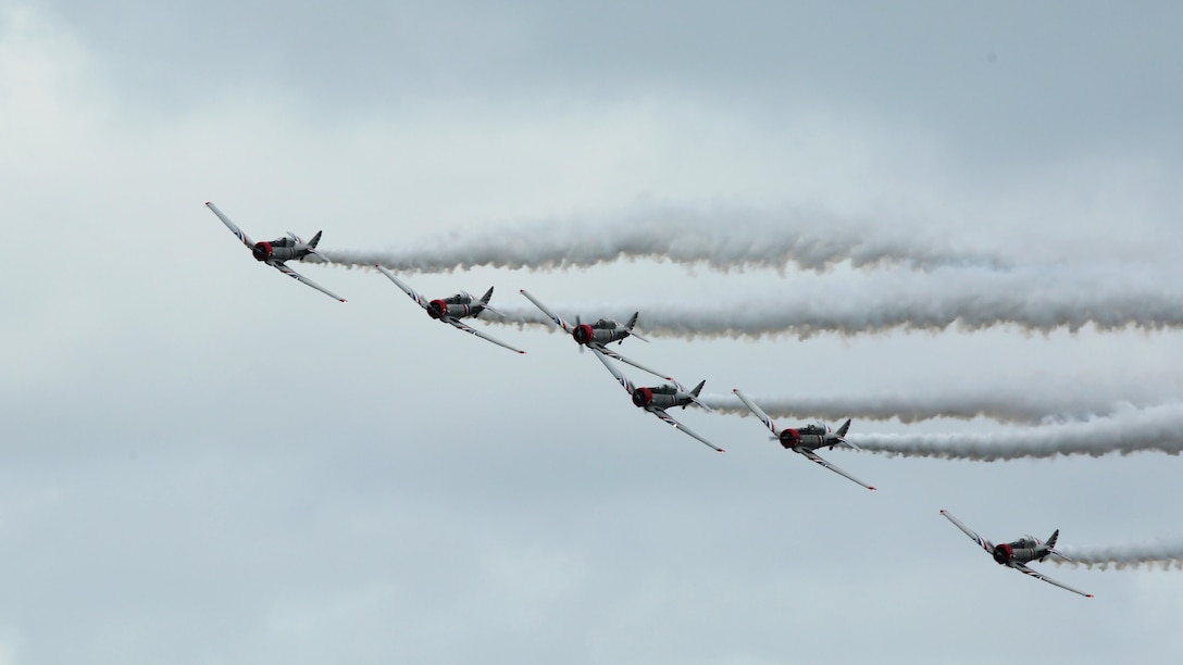 Six SNJ-2 aircraft fly over Marine Corps Air Station Beaufort, South Carolina during the 2017 MCAS Beaufort Air Show, April 30, 2017. The Geico Skytypers Airshow Team performs across the U.S. in six vintage World War II aircraft. MCAS Beaufort holds air shows to promote the Marine Corps and Navy recruiting efforts, to demonstrate the full force and capabilities of our military and to show appreciation to all of the members of the surrounding communities who support the men and women who serve this nation and are stationed at the Air Station and in the Tri-Command area.
