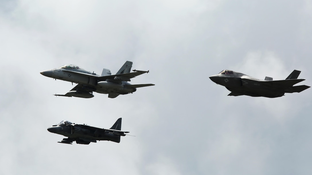 An AV-8B Harrier II, F/A-18 Hornet and a F-35B Lighting II fly over the 2017 Air Show at Marine Corps Air Station Beaufort, South Carolina, April 30, 2017. MCAS Beaufort hosts the air show in order to bring the community together and demonstrate U.S. Marine Corps Aviation Combat Element and Marine Air-Ground Task Force capabilities.