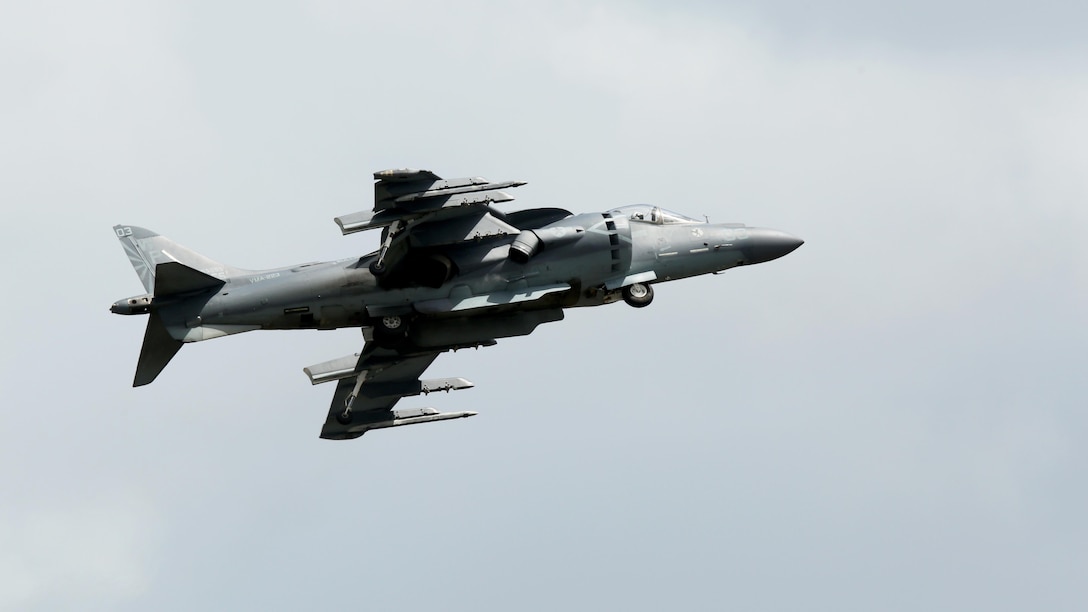 An AV-8B Harrier II flies over the 2017 Air Show at Marine Corps Air Station Beaufort, South Carolina, April 30, 2017. MCAS Beaufort hosts the air show in order to bring the community together and demonstrate U.S. Marine Corps Aviation Combat Element and Marine Air-Ground Task Force capabilities.