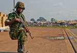 A Burundi soldier posts security at the Bangui Airport, Central African Republic (CAR) in late 2013. In coordination with the French military and African Union, the U.S. military provided airlift support to help enable African forces to deploy promptly to prevent further spread of sectarian violence and restore security in CAR. 