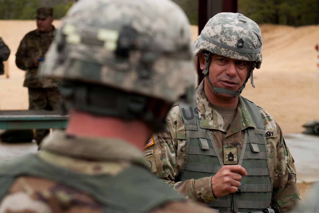 Competitors at the 2017 Combined Best Warrior Competition receive a safety briefing before the M9 handgun qualification portion of the competition at Joint Base McGuire-Dix-Lakehurst, April 26, 2017. The Combined Best Warrior Competition will decide which enlisted soldier and noncommissioned officer will represent the 412th Theater Engineer Command, 416th Engineer Command and 76th Operational Response Command at the United States Army Reserve Command Best Warrior Competition at Fort Bragg, North Carolina in June (U.S. Army Reserve Photo by Spc. Sean Harding/Released).