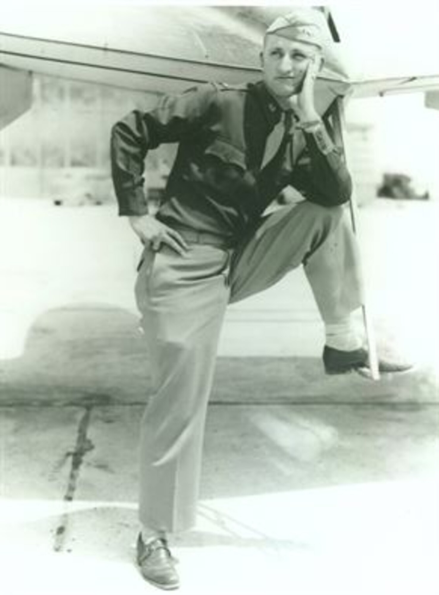 1st Lt. Edward Peterson poses with an airplane circa 1942. While serving as a pilot in the Army Air Forces, Lieutenant Peterson was killed in a plane accident at Colorado Springs Air Base, which was subsequently renamed in his honor. (Photo courtesy of Peterson Museum)