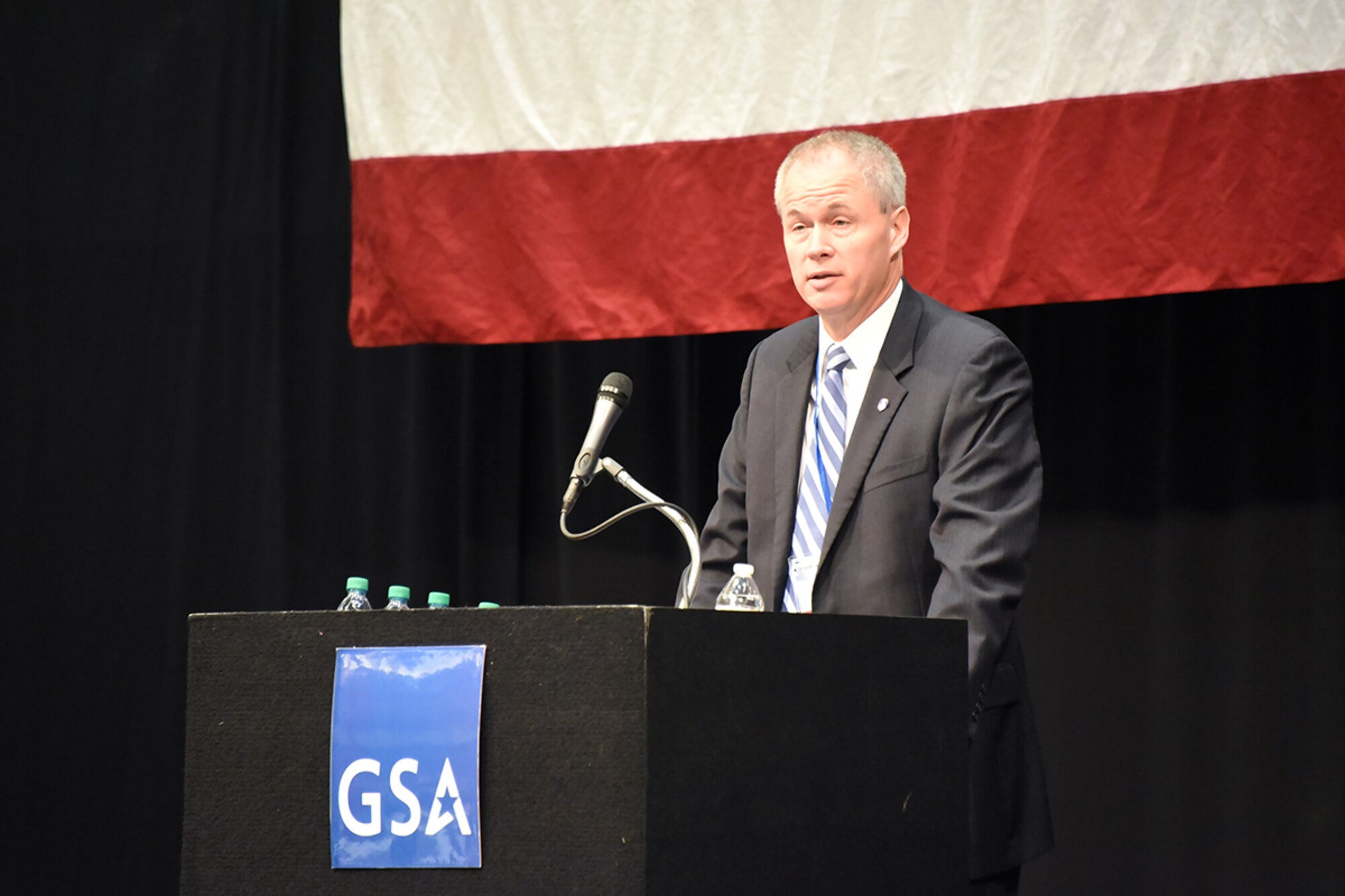 HUNTSVILLE, Alabama -- James Johnson, U.S. Army Space and Missile Defense Command/Army Forces Strategic Command deputy to the commander, speaks to nearly 1,200 acquisition professionals during the 2017 General Services Administration Federal Acquisition Training Symposium, April 25, 2017, at the Von Braun Center’s North Hall in Huntsville, Alabama. Johnson provided an overview of the SMDC and explained how vital acquisitions professionals are to his command's missions and to the defense of the nation. (U.S. Army photo by Carrie E. David)